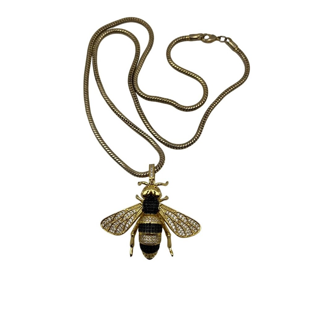 Gold Tone Bee Pendant Necklace Pave Crystal Black Stones Statement 24" LOOK - Picture 8 of 13